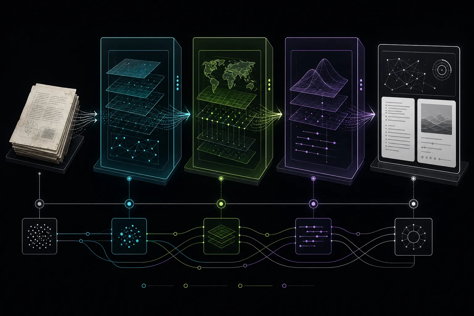 A material moves from primary source through verification and context to publication